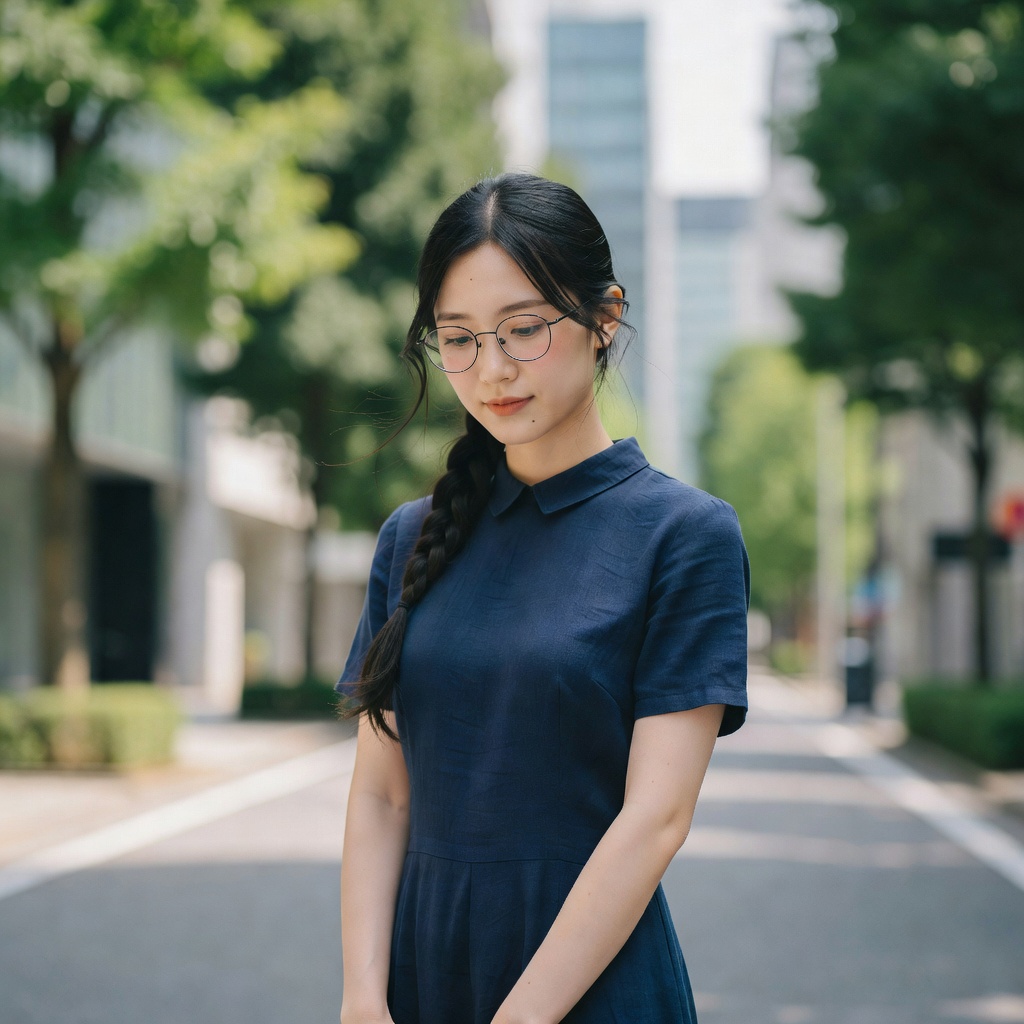 丸の内の近代建築を背景にしたAI美女の洗練されたポートレート