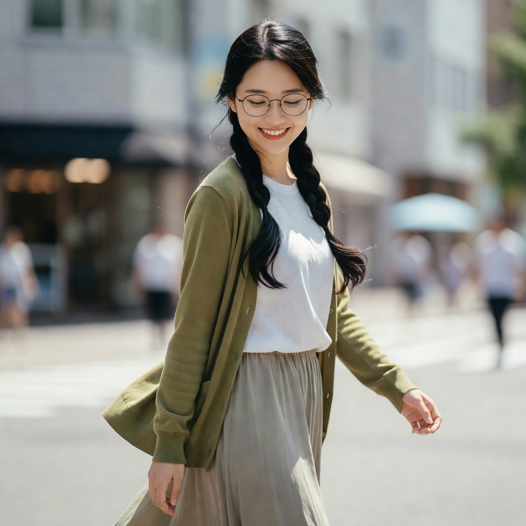 夏の自然光を受ける純朴な文学少女スタイルのAIモデル