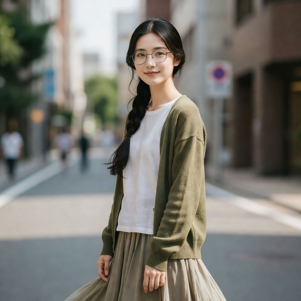 都市の喧騒の中で静かに佇む文学少女をモチーフにしたAIファッションモデル