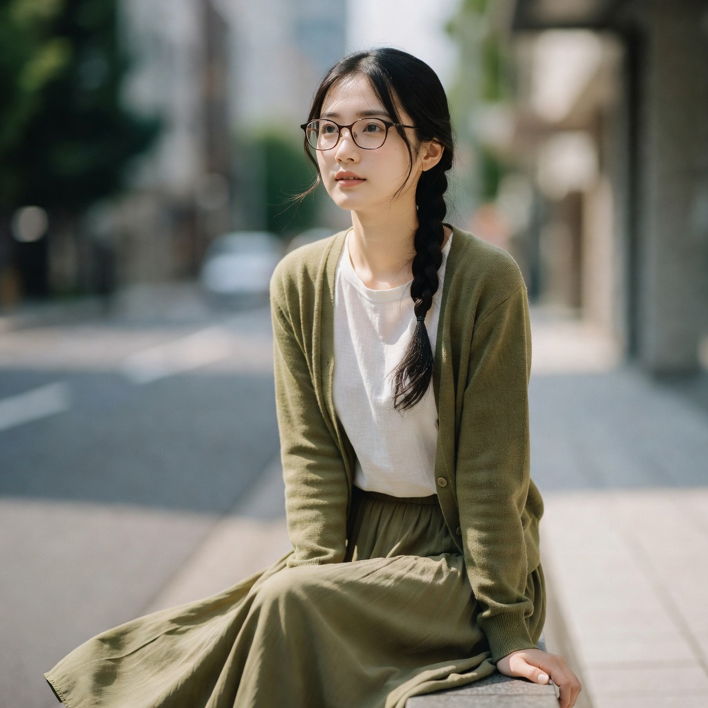 現代的なストリートで撮影されたミニマルな文学少女スタイルのAI美女素材