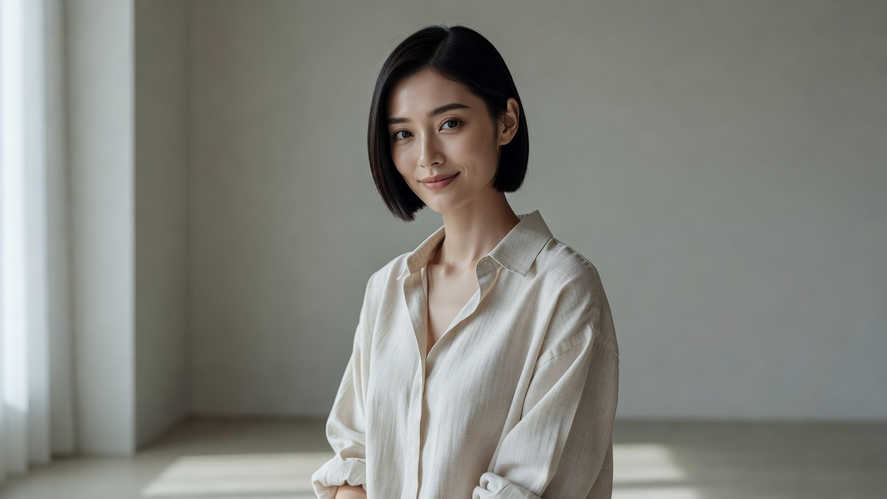 【AIグラビア】スタジオの窓際で自然光を浴びて微笑む美しいモデル(Fashion Model)