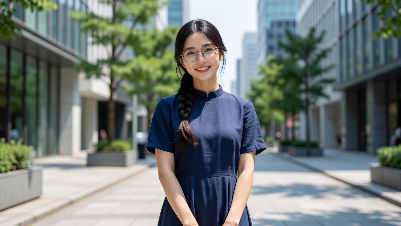 丸の内の街角に立つ、リネンの服を纏った文学少女風AIモデルのファッションポートレート
